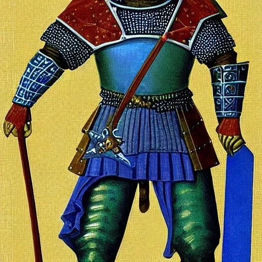Prompt: an olive skinned, fierce, medieval stout knight with a blue tunic over chainmail, green pants with a black leather belt and a coin pouch, holding a blue kite shield with fleur - de - lis symbols, holding a short sword in an arena, real life, gladiator