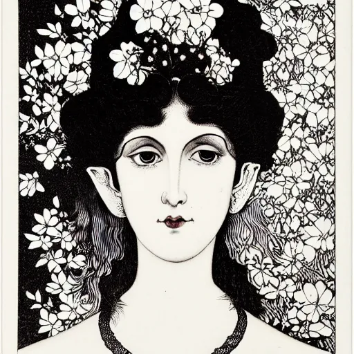 Prompt: , 4k, highly detailed, sharp focus 4k, highly detailed, sharp focus lithography by Aubrey Beardsley, symmetric portrait of one beautiful elf woman with flowers in her hair