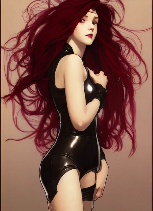 Image similar to pretty young woman with shoulder length shiny shimmering dark red hair and wearing leather high - tech suit, path traced, highly detailed, high quality, digital painting, by studio ghibli and alphonse mucha, leesha hannigan, makoto shinkai, disney