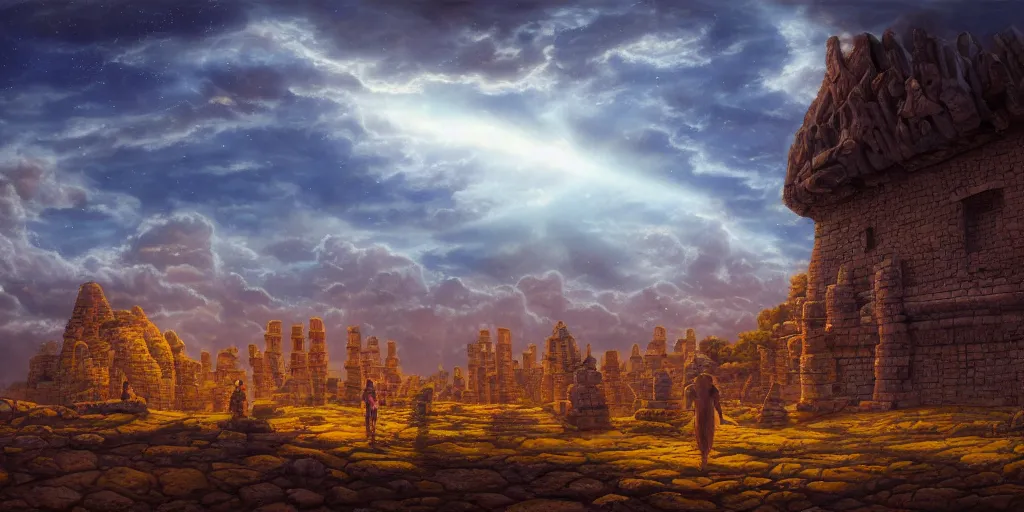 Prompt: fantasy oil painting, megalithic city of vijayanagara, fantasy, colossal, gate, looming, small buildings, warm lighting, street view, silhouetted figure standing overlooking, space port city, epic, distant mountains, bright clouds, luminous sky, cinematic lighting, michael cheval, michael whelan, artstation, oil painting, vray, 8 k hd