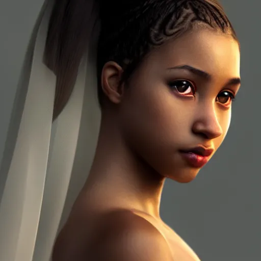 Image similar to a photorealistic hyperrealistic, bright brown eyes, light skinned african american young girl, ponytail hair, flawless face, beautiful lips, cute face, gorgeous white veil, by wlop, artgerm, greg rutwoski, alphonse mucha, beautiful dynamic dramatic low - light moody lighting, cinematic atmosphere, artstation, concept design art, octane render, 8 k