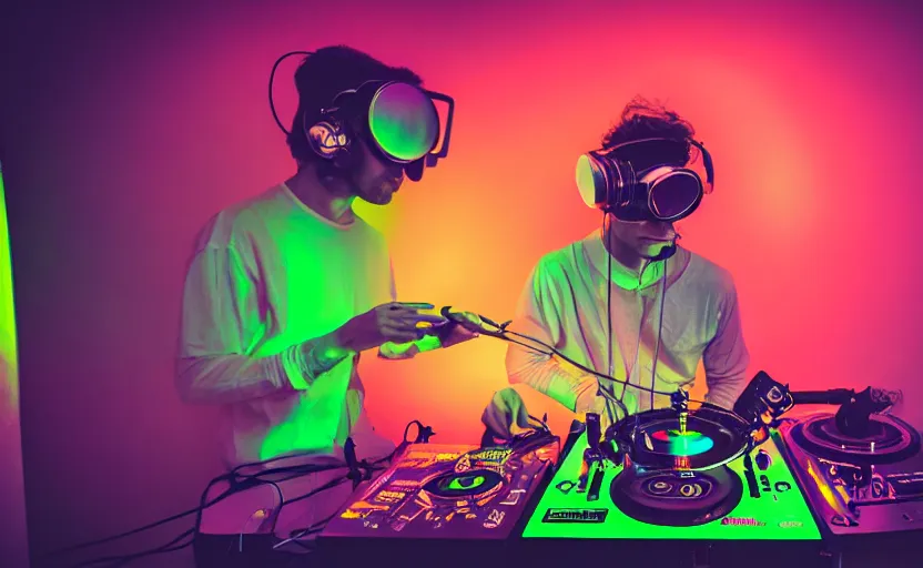 Image similar to a person wearing goggles and visor and headphones using a retro record player contraption, wires and tubes, turntablism dj scratching, intricate planetary gears, cinematic, imax, sharp focus, leds, bokeh, iridescent, black light, fog machine, hazy, lasers, hyper color digital art