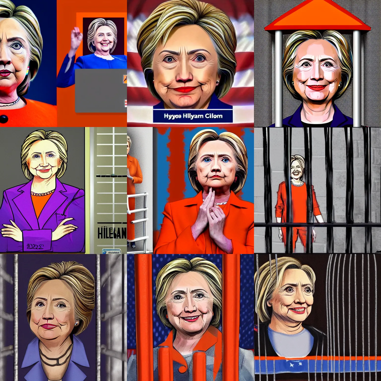 Prompt: hyper realistic, hillary clinton depicted behind bars in prison, dressed in orange inmate attire, award winning