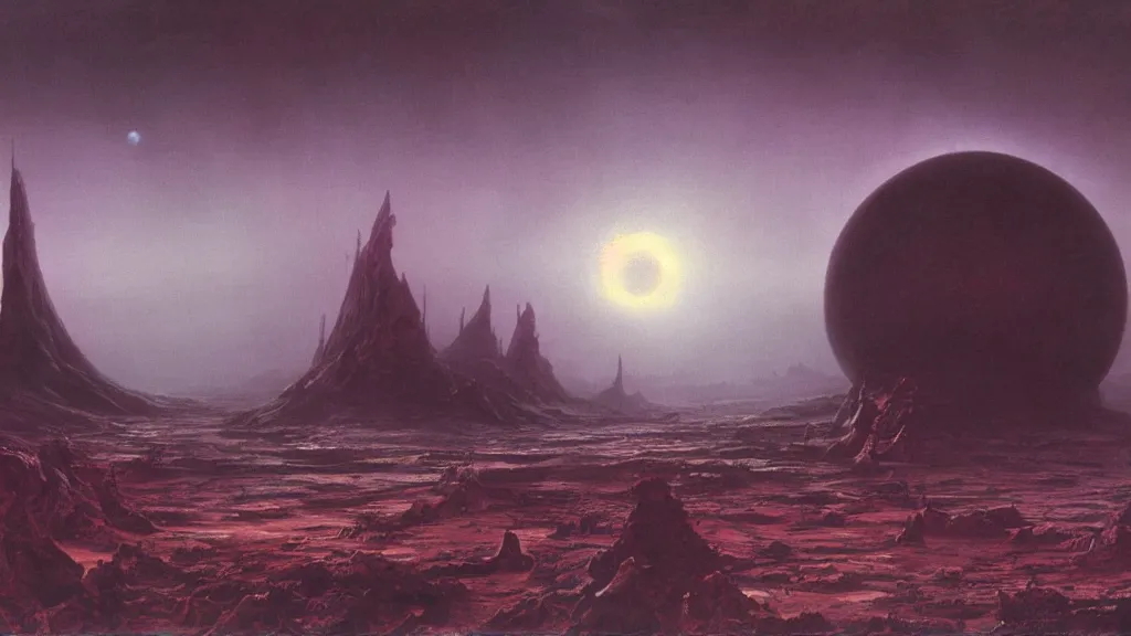 Prompt: otherworldly atmosphere of an evolving alien planet by arthur haas and bruce pennington and john schoenherr, cinematic matte painting