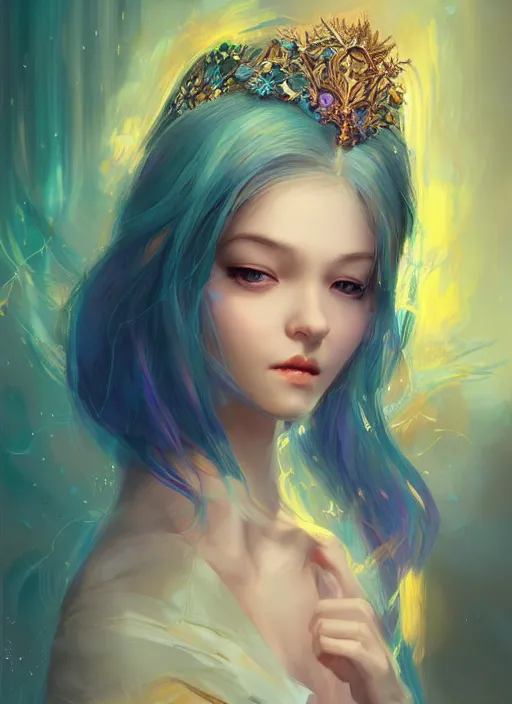 Image similar to a gorgeous flower princess portrait by WLOP, emerald yellow eyes, blue hair, digital painting, beautiful lighting, mystical , cgsociety, artstation