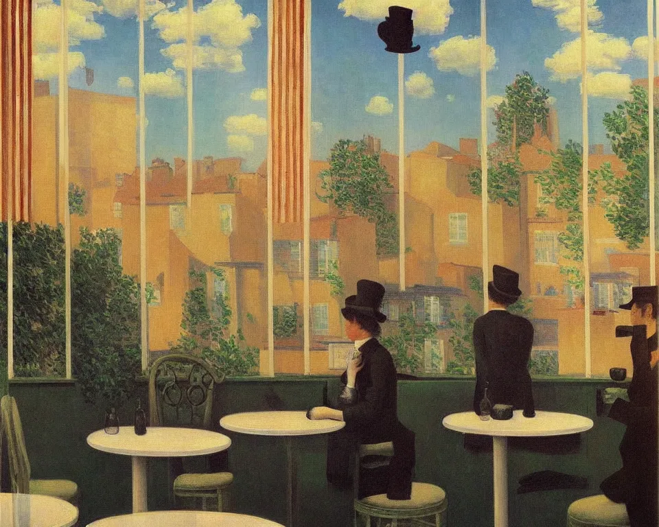 Image similar to achingly beautiful painting of a sophisticated, well - decorated modern cafe by rene magritte, monet, and turner. whimsical.