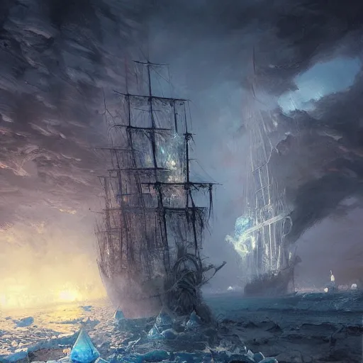 Image similar to pirate ship in hell, cold, icey white lightning, frozen monstrocity in the background, hyperdetailed, artstation, cgsociety, by greg rutkowski, by Gustave Dore