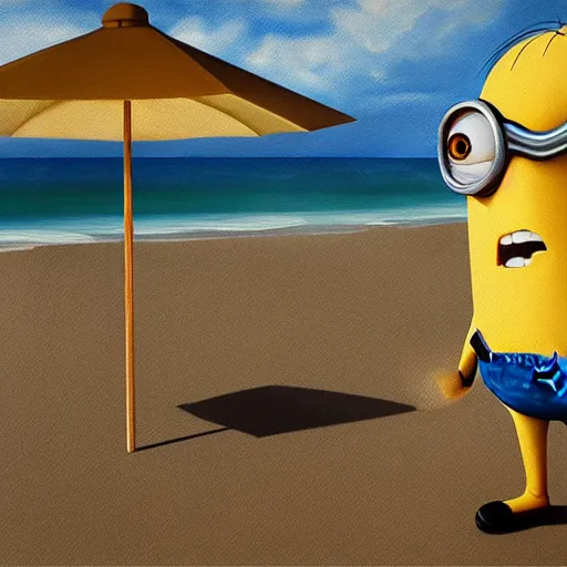 Image similar to an epic painting minion with umbrella at the beach, pencil drawing, perfect composition, golden ratio, beautiful detailed, photorealistic, digital painting, concept art, smooth, sharp focus, illustration, artstation trending, octane render, unreal engine