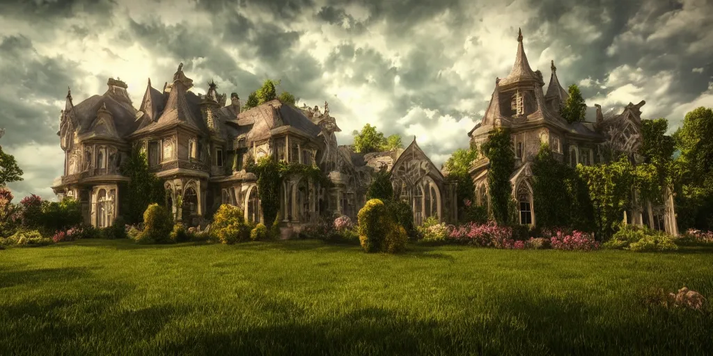 Prompt: gothic, mansion, summer clouds, dawn, flowerbeds, vines, god rays, realistic, filmic lighting, volumetric, by artstation, artemisia gentileschi, wide angle