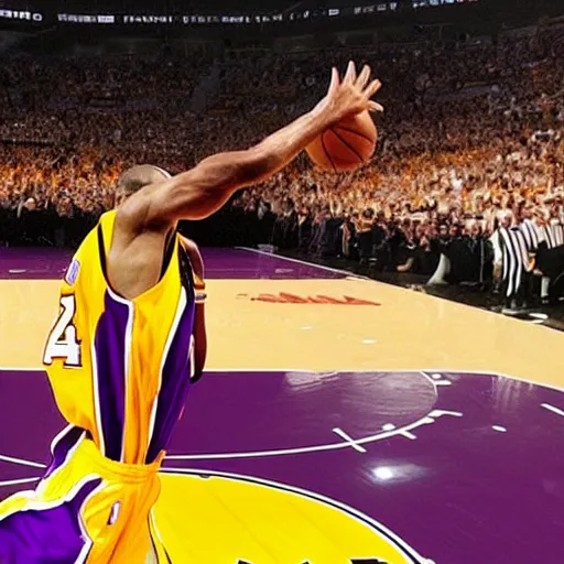 Image similar to a realism of Kobe Bryant shooting on the basketball court in the 2010 Finals