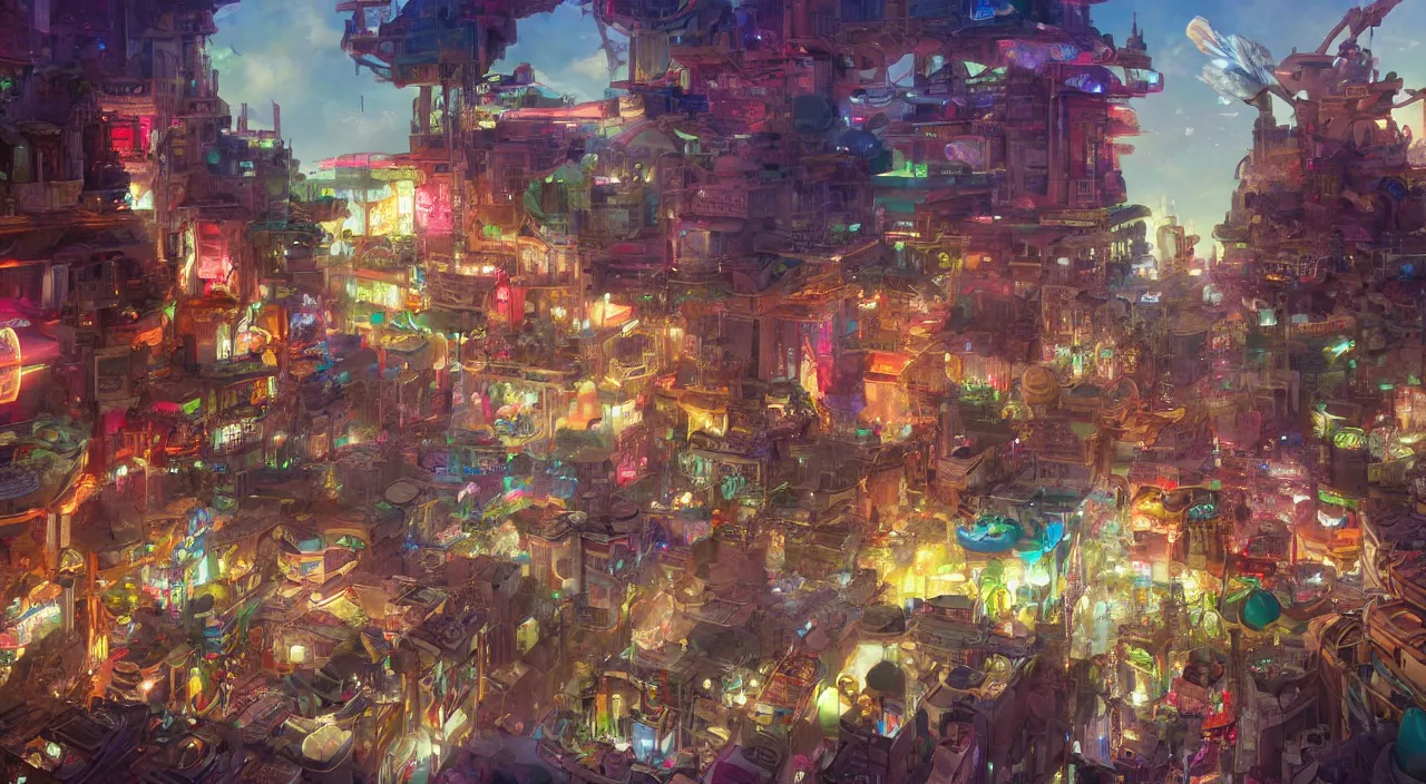 Image similar to bazaar zouk place aladin block greeble multicolorful sky shine mattepainting, street art, trending on artstation, by huang guangjian and gil elvgren and sachin teng