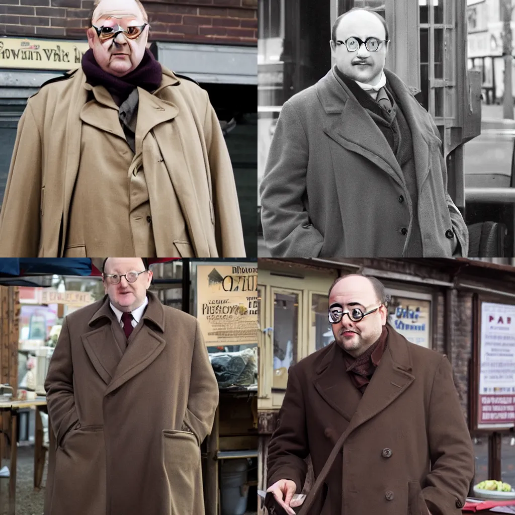 Prompt: Alex Norton as DCI Matthew Burke wearing a brown overcoat standing at an outside market booth