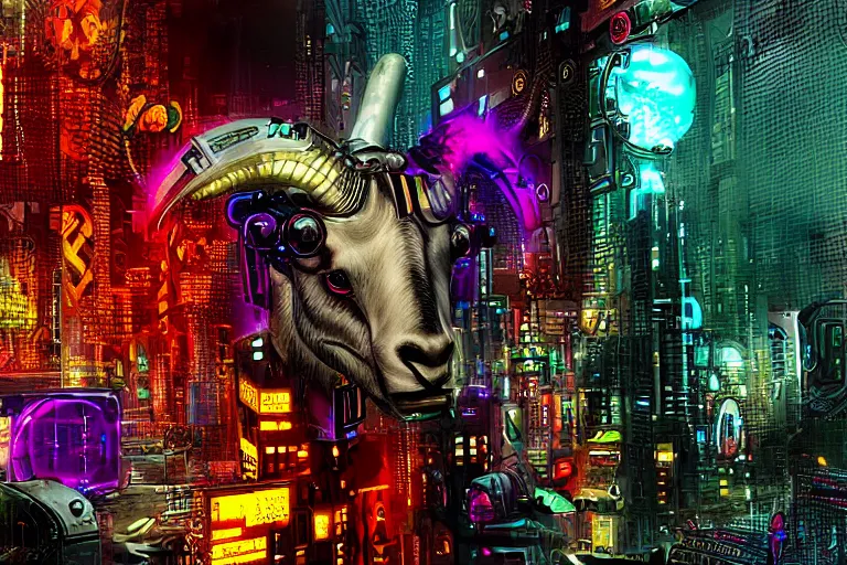 Image similar to complex cyberpunk machine background merged with evil cybernetic goat head in center focus, multicolored digital art