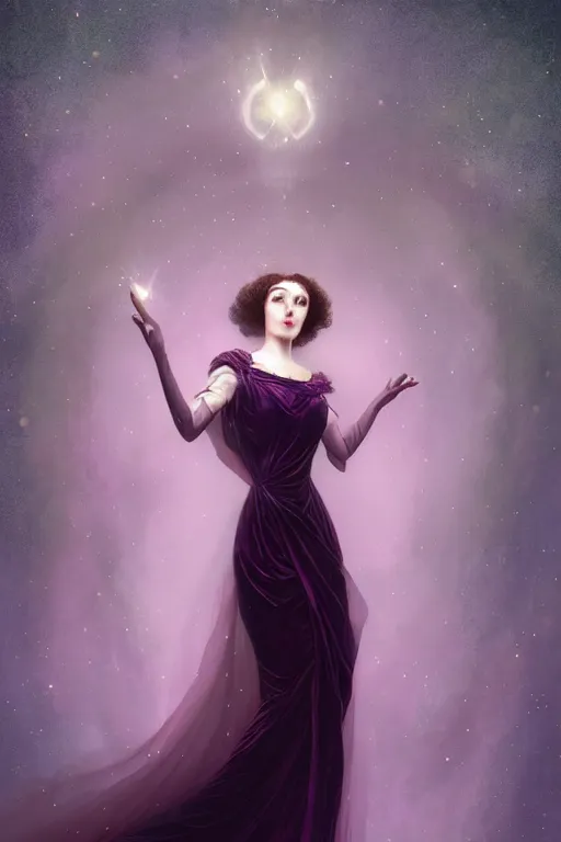 Image similar to Nocturne, glowing, stars, a long-legged elegant evil woman, highly detailed, mysterious, ethereal, dressed in dark violet velvet, haute couture, illustration, dramatic lighting, soft details, painting, by Edmund Blair Leighton, Brom, Charlie Bowater, trending on artstation, faces by Tom Bagshaw, otto schmidt