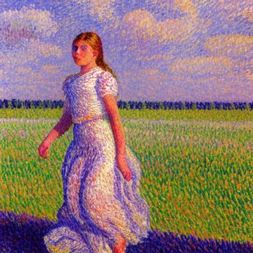Prompt: an impressionist oil painting of girl with long hair in a white long dress running on the field in a foggy weather by paul signac