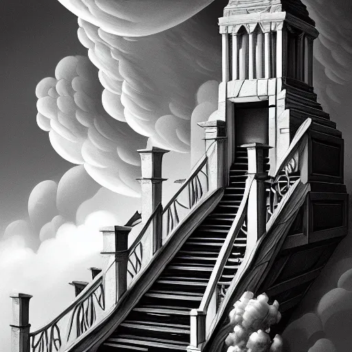 Image similar to A black and white freemasonic chequered surrealist digital painting of a stairway to into the clouds in the art style of jeff koons, Gilbert williams, Edwin Frederic Church and Christopher Balaskas, trending on artstation, 4k UHD