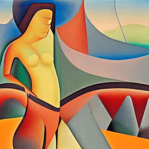 Image similar to woman as the natural landscape, her curves form the mountains and rivers of the land , high quality art in the style of cubism and georgia o’keefe,