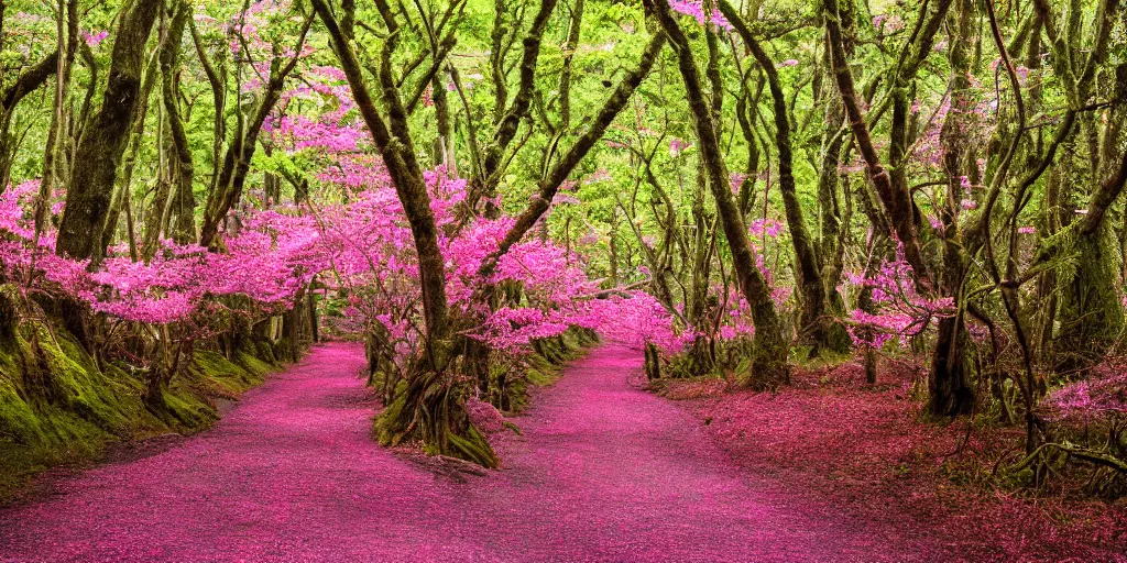 Prompt: A fantastical deep pink cherry blossom tree forest with jellyfish grass. Yellow dirt road is going through the middle of the forest. Weird animals can be seen in the darker parts of the forest.