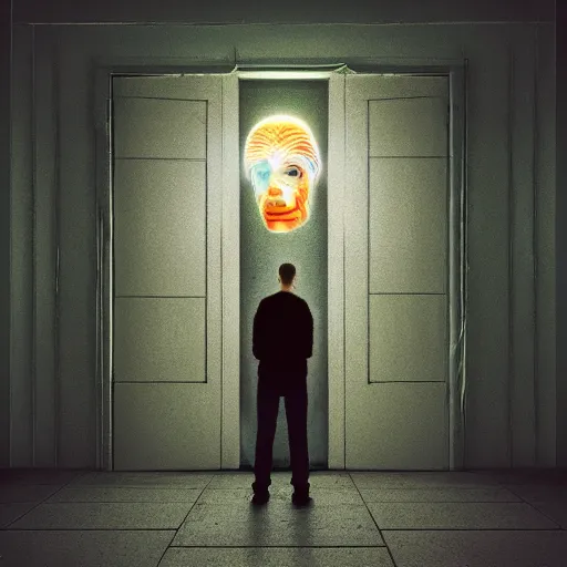 Prompt: a man standing in front of a doorway with a brain in his head, digital art by beeple, deviantart, psychedelic art, psychedelic, fractalism, mystical