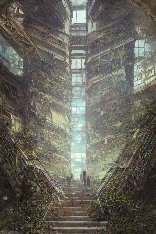 Image similar to i climb up on the endless stairs inside this decayed hitech brutalist building, rays of lights breaking through the holes in the walls, ruined litter, monumental, global illumination, by rhads and ferdinand knab and makoto shinkai and alphonse mucha
