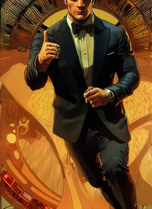 Image similar to portrait of henry cavill as james bond, casino, key art, running, highly detailed, digital painting, artstation, concept art, cinematic lighting, sharp focus, illustration, by gaston bussiere alphonse mucha