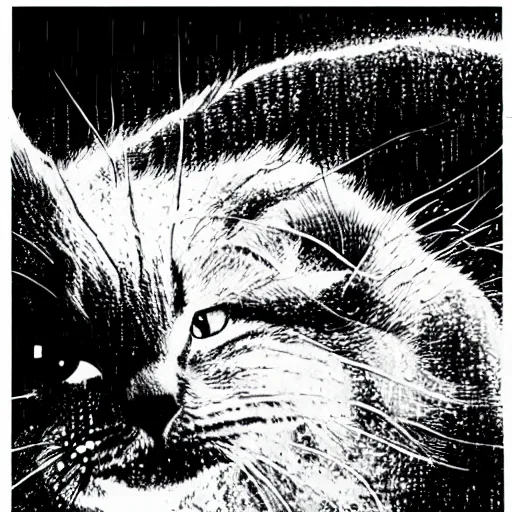 Image similar to tabby cat in a widescreen snowstorm katsuhiro otomo highly detailed black & white 1 0 2 4 x 1 0 2 4