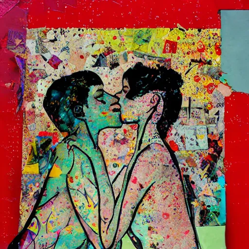 Prompt: two women kissing at a recursive carnival, mixed media collage, retro, paper collage, magazine collage, acrylic paint splatters, bauhaus, claymation, layered paper art, sapphic visual poetry expressing the utmost of desires by jackson pollock