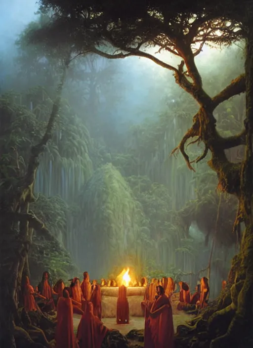 Image similar to a shamanic ceremony in the jungle, invoking spirits floating in the air, matte painting, art by christophe vacher