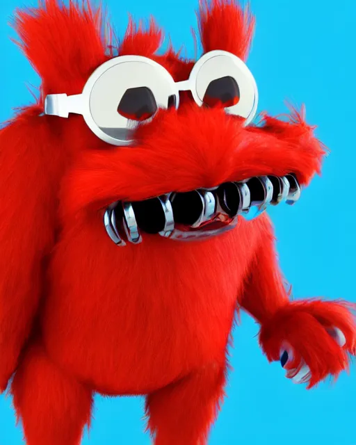 Image similar to 3 d render of completely red hairy friendly antropomorphic cartoony creature wearing chrome shades, without nose, full body, in the style of pixar, white background, unreal engine 5, octane render, highly detailed hdr