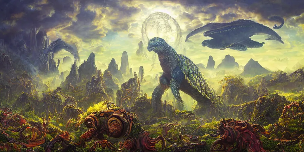 Image similar to fantasy oil painting, great leviathan, cybernetic turtle cephalopod terrapin reptilian pachyderm squid, bella hadid, hybrid, milla jovovich, anubis, epic natural light, lush plants flowers, spectacular mountains, bright clouds, luminous sky, outer worlds, golden hour, michael cheval, edward hopper, michael whelan, vray, hd