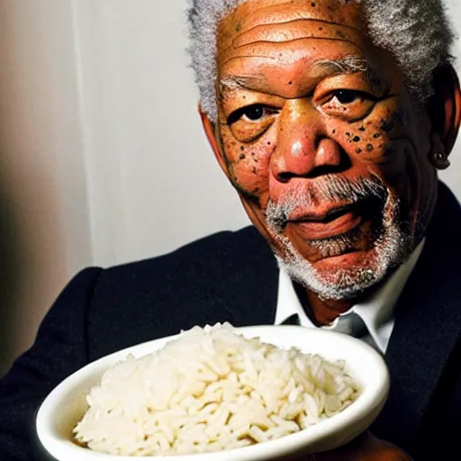 Image similar to Morgan Freeman eating a bowl of rice