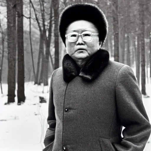 Prompt: filmstill of Kim Jong-il wearing a furry chapka and playing the role of Omar Sharif in Doctor Zhivago by David Lean, man in grey winter coat, cold Russian winter, snow and trees, Prussian architecture, old Russian interior, Doctor Zhivago movie shot, minimal composition, 1965, cinemascope, Eastman Color Negative 50T 5251 Neg. Film, epic romance