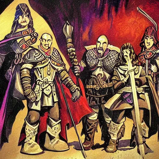 Prompt: warrior, cleric mage and thief old school dungeons and dragons art, old school fpr,