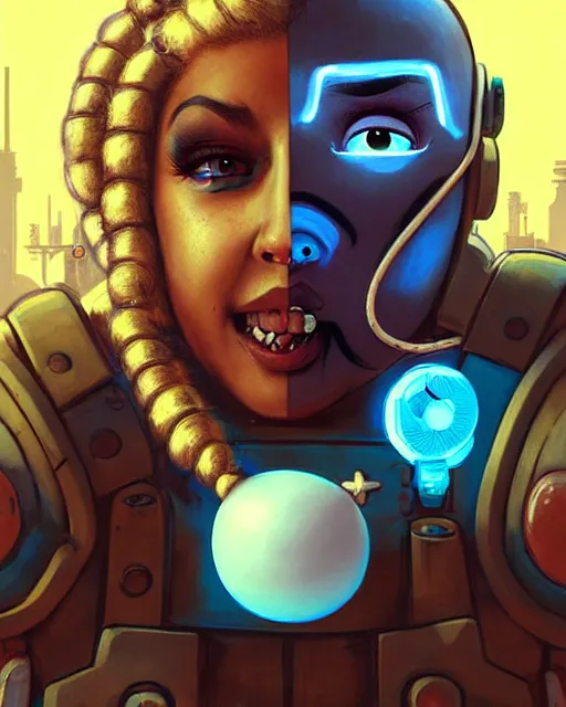 Prompt: wrecking ball the hamster from overwatch, mohawk, braids, blue hair, face paint around eyes, lip and nose piercings, character portrait, portrait, close up, concept art, intricate details, highly detailed, vintage sci - fi poster, retro future, in the style of chris foss, rodger dean, moebius, michael whelan, and gustave dore