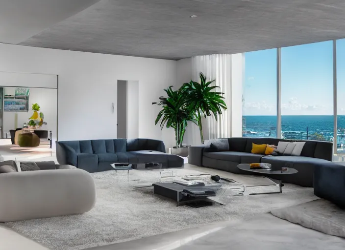 Image similar to 8 k photograph of stunning 2 0 2 2 miami modern living room, award winning design, designed by michael wolk + beatriz pascuali