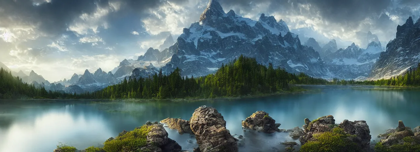 Prompt: photograph of mountains with a lake in front of them, trees on the side, rocks in foreground by marc adamus, highly detailed, intricate detail, cinematic lighting