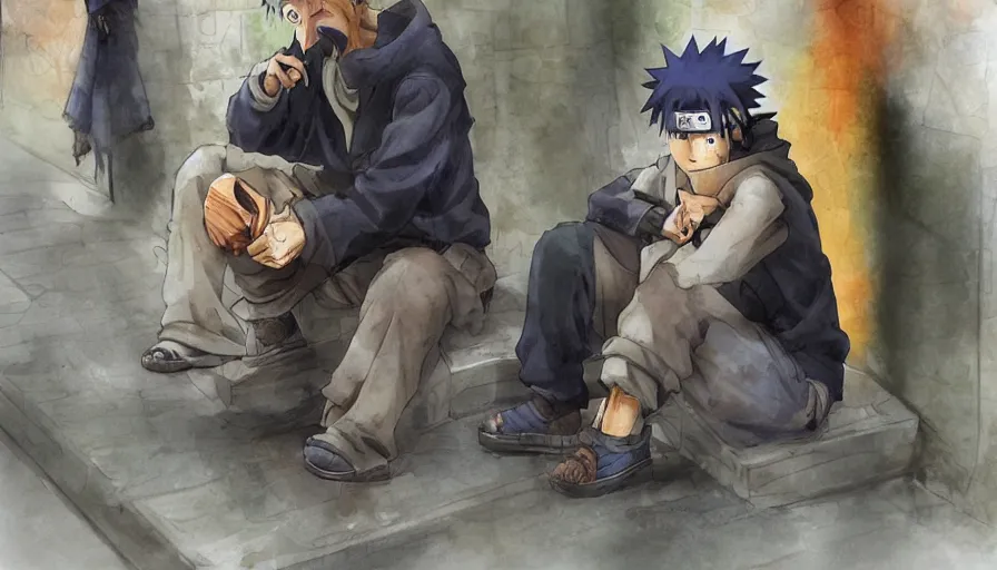 Prompt: Naruto as an unemployed homeless man by Daniel F. Gerhartz and Kyoto Animation