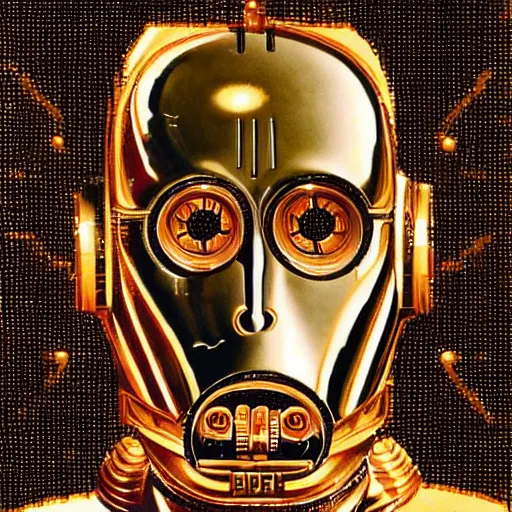 Image similar to a hyperrealistic art nouveau portrait of c 3 po with make noise eurorack module aesthetics