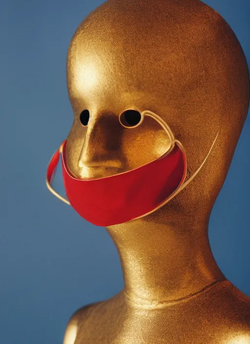 Image similar to a fashion portrait photograph of a mannequin wearing a metal mask with big spheres designed by wes anderson, 3 5 mm, color film camera, pentax