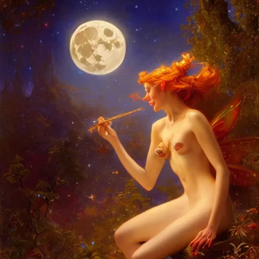 Image similar to attractive fairy magically floating high in the night, fantasy, full moon in background. highly detailed painting by gaston bussiere, craig mullins, j. c. leyendecker, mid shot, 8 k