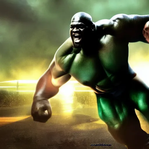 Image similar to if Shaquille O'Neal was the hulk, cinematic, epic, cool, photo realistic, 4k, high detail