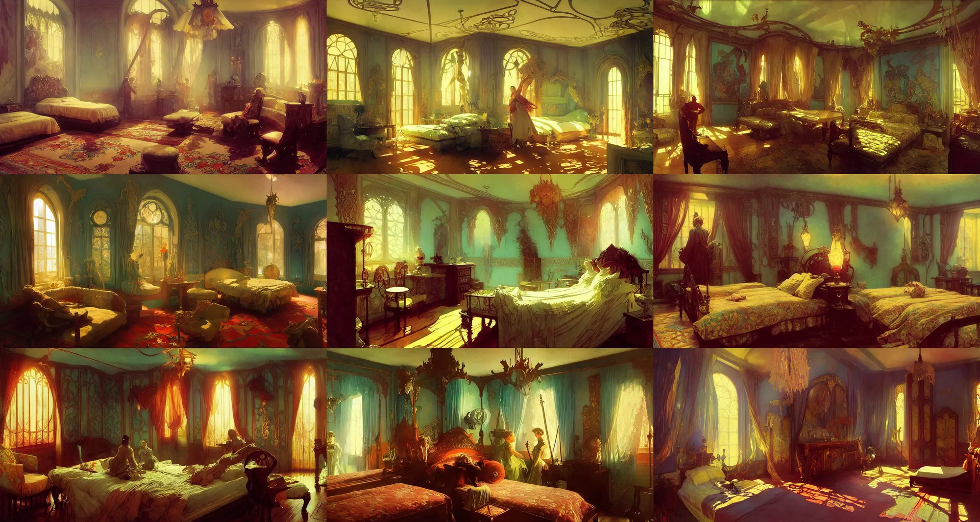 Prompt: bedroom, art nouveau interior, fantasy, art by joseph leyendecker, ivan aivazovsky, ruan jia, reza afshar, marc simonetti, alphonse mucha