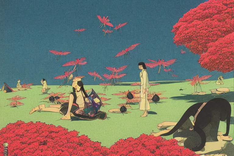 Prompt: gigantic cats catch gigantic dragonflies, a lot of exotic flowers around, heads are all over the ground, acid and dreaming psychedelic hallucinations, by kawase hasui, dirtyrobot, edward hopper, satoshi kon and moebius, colorful flat surreal design, super - detailed, a lot of tiny details, fullshot