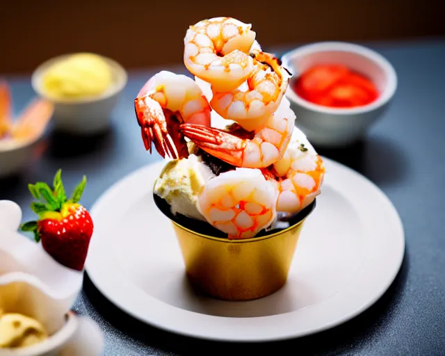 Prompt: dslr food photograph of an ice cream desert with shrimp on. 8 5 mm f 1. 4