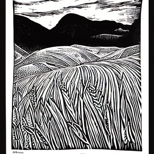 Prompt: intricate, detailed, Linocut Art on paper of fields of wheat and canadian mountains. Epic Latin American Linocut Art.