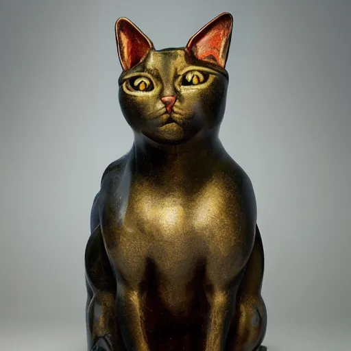 Image similar to cloisonne cat head sculpture, by annie swynnerton and diego rivera and nicholas roerich and jean delville, symbolist, dramatic lighting, god rays, art brut, rich colors, smooth, sharp focus, extremely detailed, adolf wolfli and ( donato giancola )