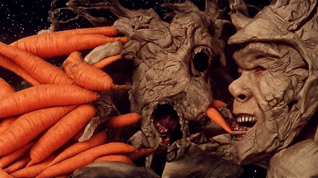 Prompt: giant monster made of carrots and sharp teeth eating people, star trek, film still from a movie directed by Denis Villeneuve with art direction by Salvador Dalí, wide lens