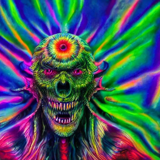 Image similar to a realistic detailed studio portrait photo of a monster, psychedelic