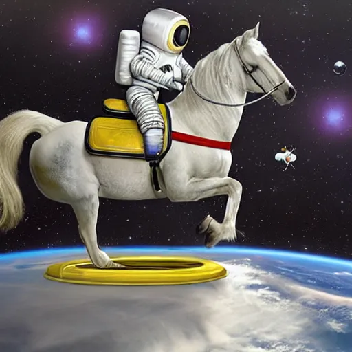 Image similar to the horse is saddled with an astronaut and rides it into space