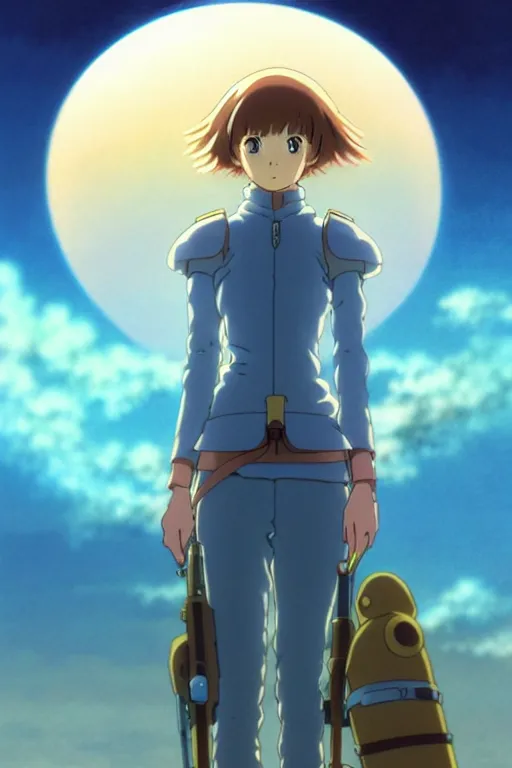 Image similar to anime art full body portrait character nausicaa by hayao miyazaki concept art, anime key visual of elegant young female, short brown hair and large eyes, finely detailed perfect face delicate features directed gaze, sunset in a valley, trending on pixiv fanbox, studio ghibli, extremely high quality artwork by kushart krenz cute sparkling eyes